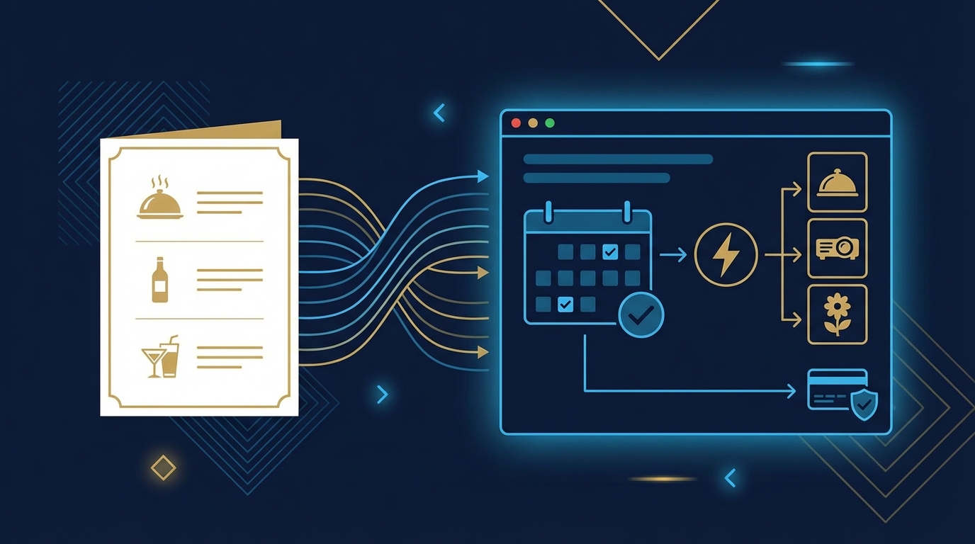 Event venue booking system flow — availability, booking, add-ons, payment, confirmation