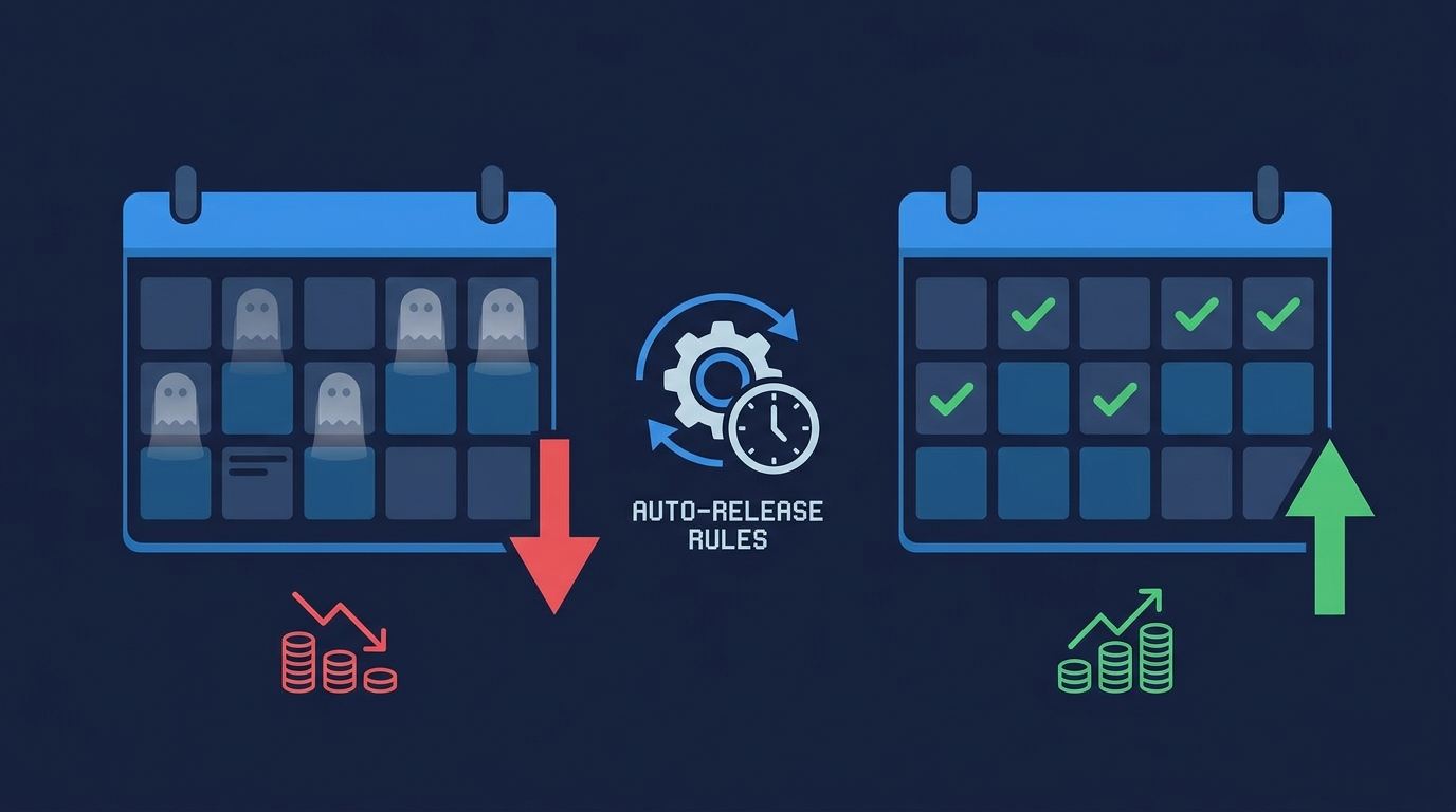 Ghost bookings infographic — auto-release rules and deposit requirements eliminating revenue loss